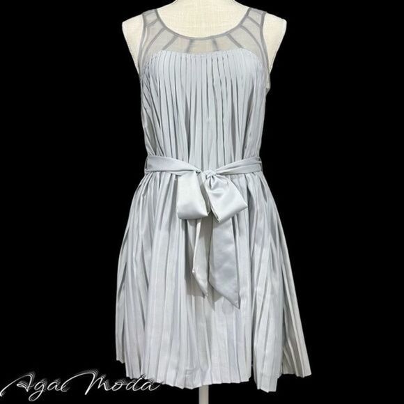 Romeo and Juliet Couture Sleeveless Silvery Pleated Dress with Sheer Neckline - Picture 1 of 11